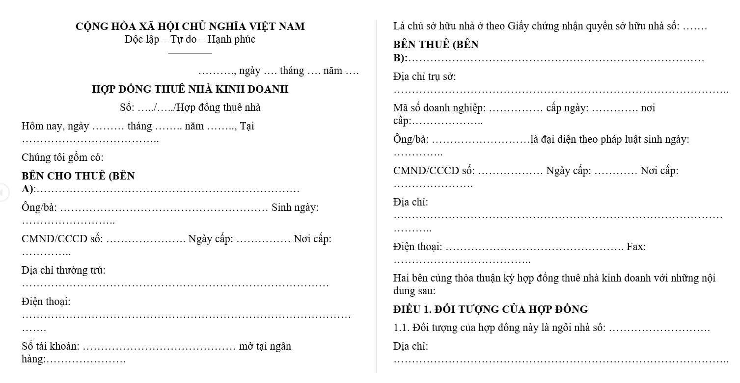 Hợp đồng thuê nhà kinh doanh